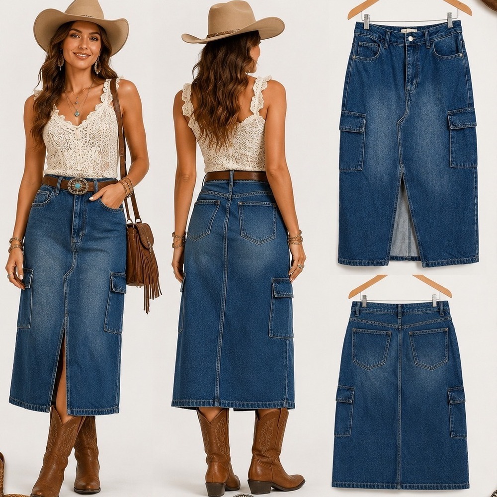 Cargo Denim Midi Skirt Womens Size M Blue‎ Front Slit Boho Country Western Indie